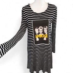UPCYCLED THE POLICE BAND T-SHIRT DRESS BLACK WHITE‎ STRIPES L/S LADIES LARGE
